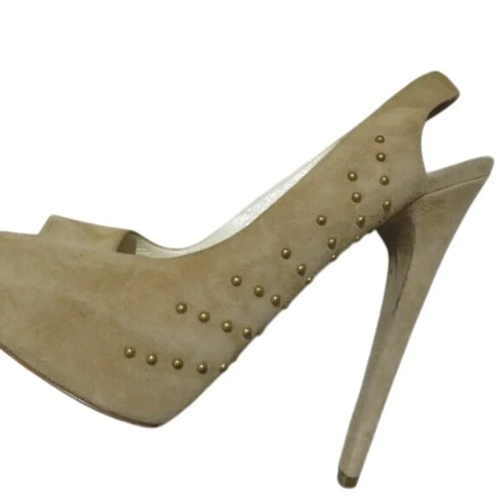 BRIAN ATWOOD Taupe Tan Suede Leather Studded Platform Slingback Peep Toe Pumps